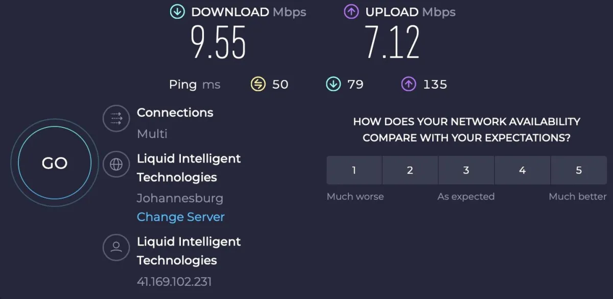 Speed test to Johannesburg showing the latency figures that actually matter